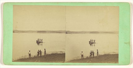 Men on raft with another group of men on shore; about 1865; Albumen silver print