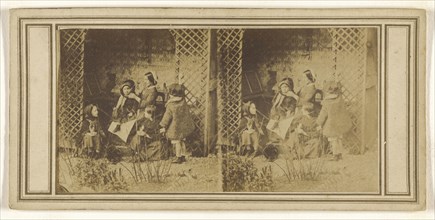 Mother attending a child, other children looking on; about 1865; Albumen silver print