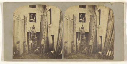 Young boys climbing ladder up to window where two woman are dumping water on them; about 1860; Albumen silver print