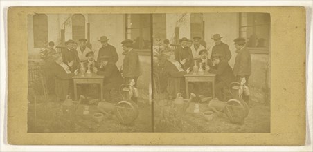 Men around a table outside, decanters on top; about 1865; Albumen silver print