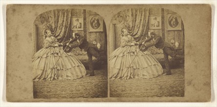 Genre: man trying to hold the hand of woman in hoop dress; about 1865; Albumen silver print