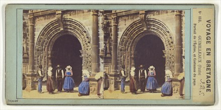 Voyage en Bretagne. Guimilleaux, Finistere, Portail de l'Eglise, et Costumes du pays; about 1860; Hand-colored Albumen silver