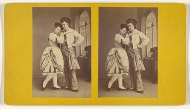 Man and woman in costume, semi-embraced; about 1860; Albumen silver print