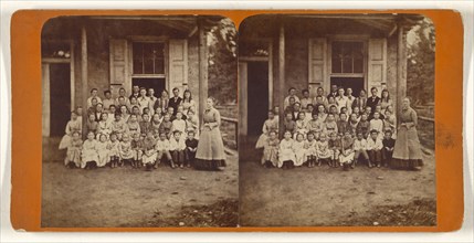 Group of school children and teacher posed outside; American; about 1875; Albumen silver print