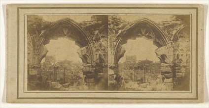 View of city through Gothic arch; 1855 - 1860; Albumen silver print