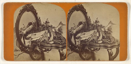 Various types of seafood on table with mirror; about 1865; Albumen silver print