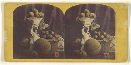 Basket and vase filled with fruit, cantalope at base; about 1865; Hand-colored Albumen silver print