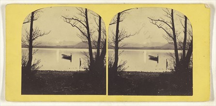 Rowboat on a lake, composed between trees; about 1870; Albumen silver print