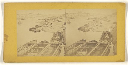 High angle view of barges in harbor; about 1870; Albumen silver print