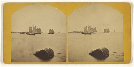 Sailboats in harbor, single rock in foreground; American; about 1870; Albumen silver print