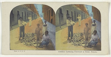 Children Gathering Firewood in Street, Panama; about 1900; Color Photomechanical