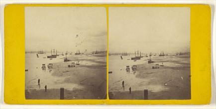 Beach scene, ships and wagons; British; about 1865; Albumen silver print