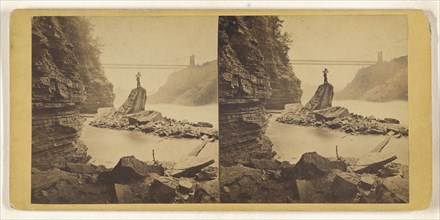 Man standing on rock in stream, bridge in background; British; about 1865; Albumen silver print