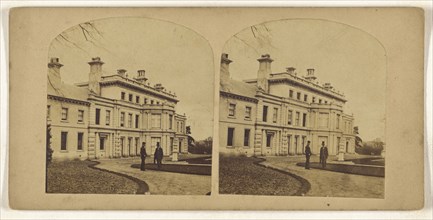 English manor, two men on lawn; British; about 1865; Albumen silver print