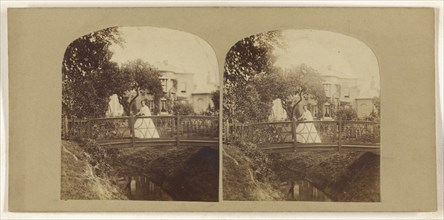 Woman standing on footbridge over stream; British; about 1860; Albumen silver print