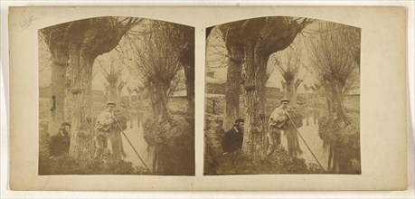 Boy at river with pole, bearded man with beret on riverbank; British; about 1860; Albumen silver print