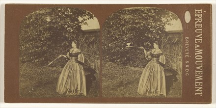 Woman bouncing shuttlecock on badminton racket; French; 1860s; Albumen silver print