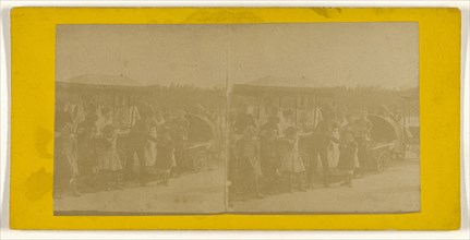Man selling chocolates to children from his wagon; French; about 1865; Albumen silver print