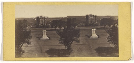 View of a French park, statue and large building in background; French; about 1865; Albumen silver print