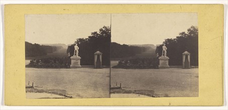 View of a French park, statue and small building in background; French; about 1865; Albumen silver print