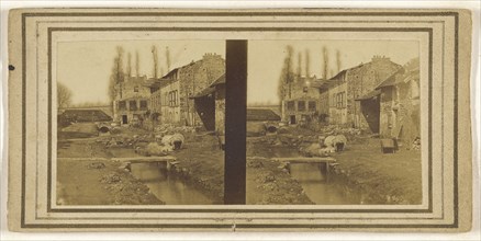 village with small moat and footbridges; about 1870; Albumen silver print