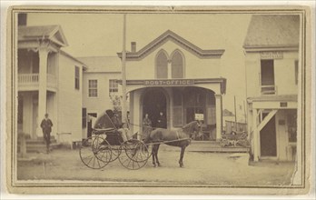 Man riding horse and buggy in front of post office; Ansel McIntosh, American, active 1870s - 1880s, about 1865; Albumen silver