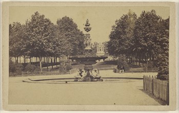 view of a fountain in a garden, Europe; about 1870; Albumen silver print