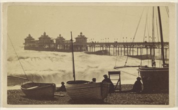 Beach view with pier, boats, and men at Brighton, England; William H. Mason, British, active Brighton, England 1860s, 1865