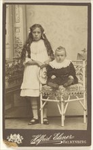 girl with long hair, standing, and a baby girl, seated; Evie Helfrid Elsner, Swedish, 1867 - 1937, about 1900; Platinum print