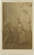 Woman seated holding a baby, a man and woman on either side; 1865 - 1870; Albumen silver print
