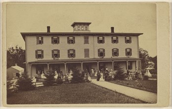 View of a house with numerous people on porch and lawn; Yeaw & Company, 1864 - 1866, 1870 - 1875; Albumen silver print