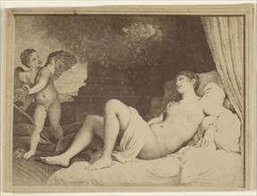 Reproduction of an  painting: nude woman reclining, angel at right; 1865 - 1870; Albumen silver print