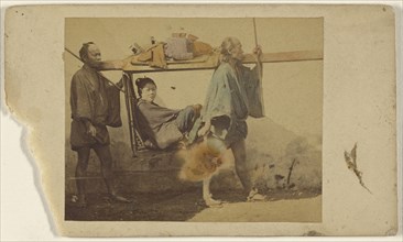 Japanese woman in a sedan, being carried by two men; Attributed to Japanese; 1865 - 1875; Hand-colored albumen silver print