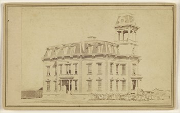 building at San Jose, California, with a large group of people at right foreground; James A. Clayton, American, 1831 - 1896