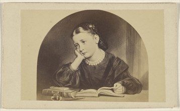 Copy of a painting of a dejected looking young girl reading a book at a table; 1865 - 1870; Albumen silver print