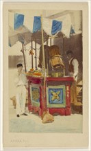 Juice seller at cart with customer imbibing, both standing; Giacomo Arena, Italian, 1818 - 1906, 1870 - 1875; Hand-colored