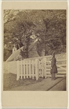 man wearing a top hat standing at a gate viewing a house and trees; F. Moor, English, active Ventnor, Isle of Wight, England