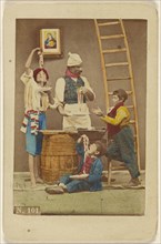 man with moustache making pasta, three boys either eating it or helping him make it; Giorgio Conrad Italian, active 1860s