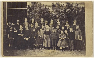 Large group of school children with teachers, all standing; 1865 - 1875; Albumen silver print