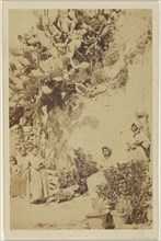women and children near a hill with cacti; 1865 - 1870; Albumen silver print