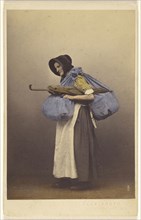 elderly woman wearing a bonnet and native costume standing, carrying sacks and a parasol; Thomas Edge, British, active 1850s
