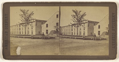 Hudson River. Two men sitting on a railing outside a large building complex; American; about 1870; Albumen silver print