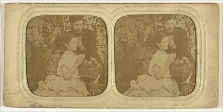 couple: bearded man holding a single piece of fruit with a woman holding a basket of fruit; about 1865; Hand-colored Albumen