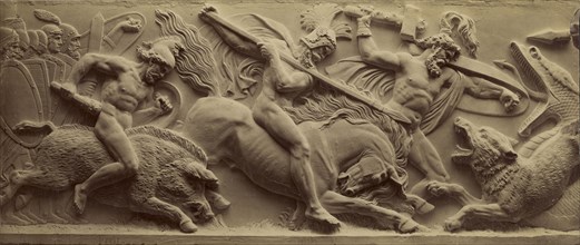 Warriors Fight a Wolf and Giant Snake; Ernst Alpers, German, active Hannover, Germany about 1867, Hanover, Germany; 1867