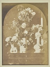 Still Life - Three Vases of Flowers; Hippolyte Bayard, French, 1801 - 1887, about 1845–1848; Salted paper print; 16 × 12.2 cm