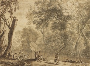 Woodland Landscape with Nymphs and Satyrs; Herman van Swanevelt, Dutch, about 1600 - 1655, 1636; Pen and brown ink, brown wash