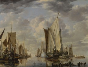 Shipping in a Calm at Flushing with a States General Yacht Firing a Salute; Jan van de Cappelle, Dutch, 1626 - 1679, 1649; Oil