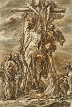 Descent from the Cross; Phillip Roos, German, 1655,1657 - 1706, about 1696; Pen and brown ink with gray wash over red chalk