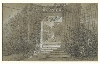 Landscape with a Stairway and Balustrade; Jean-Baptiste Oudry, French, 1686 - 1755, France; about 1744 - 1747; Black and white
