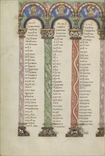 Canon Table Page; Helmarshausen, Germany; about 1120 - 1140; Tempera colors, gold, and silver on parchment; Leaf: 22.9 x 16.5 cm